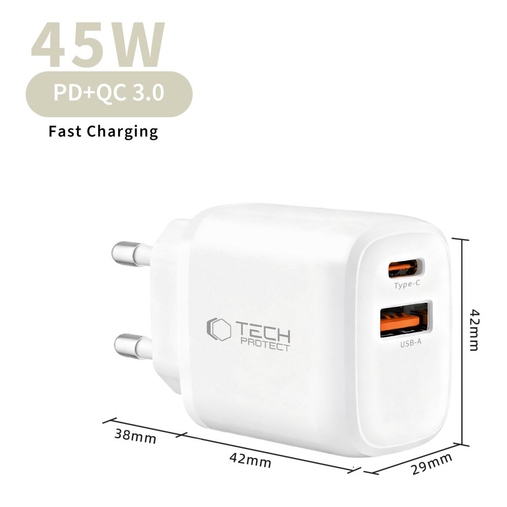 Tech-Protect Tech-Protect 45W PD QC3.0 Väggladdare USB-C / USB-A Vit