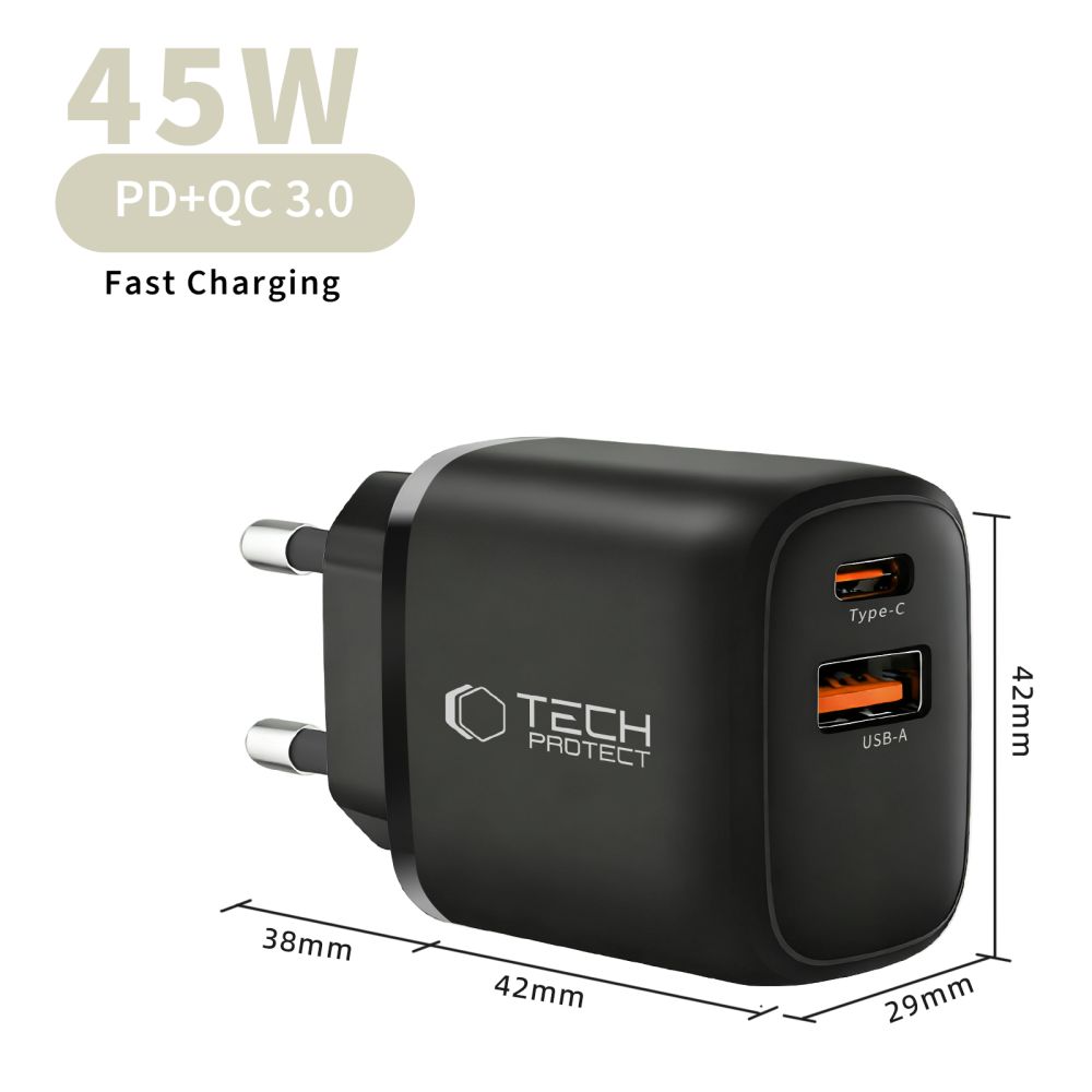 Tech-Protect Tech-Protect 45W PD QC3.0 Väggladdare USB-C / USB-A Svart