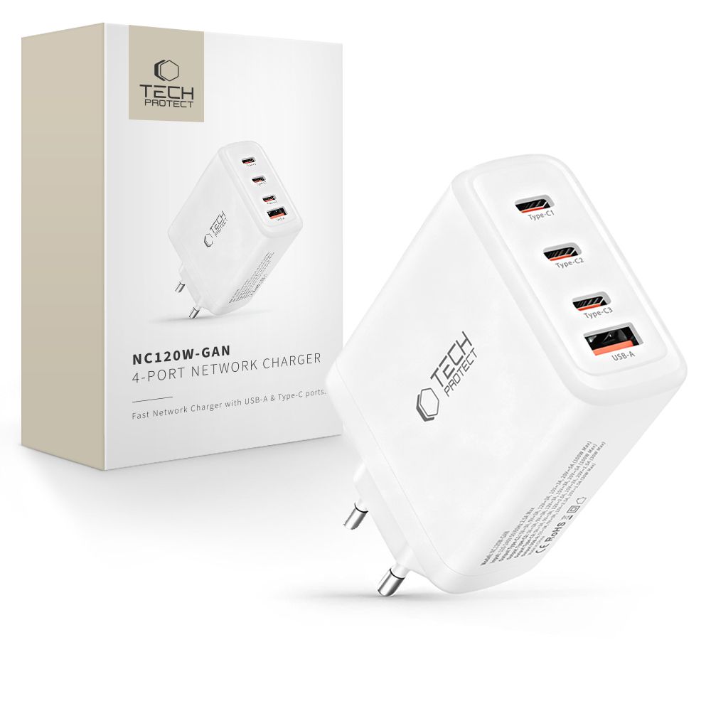 Tech-Protect Tech-Protect 120W Väggladdare PD QC3.0 USB-C/USB-A Vit