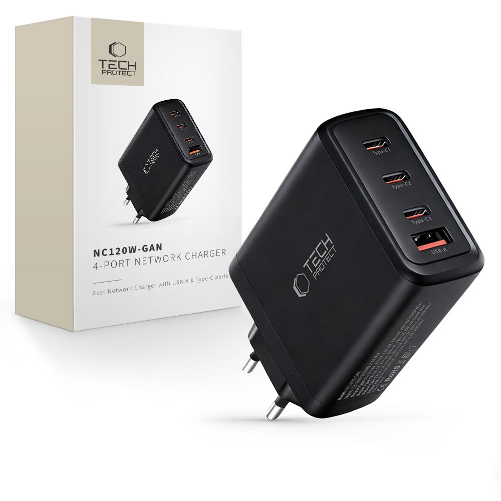 Tech-Protect Tech-Protect 120W Väggladdare PD QC3.0 USB-C/USB-A Svart