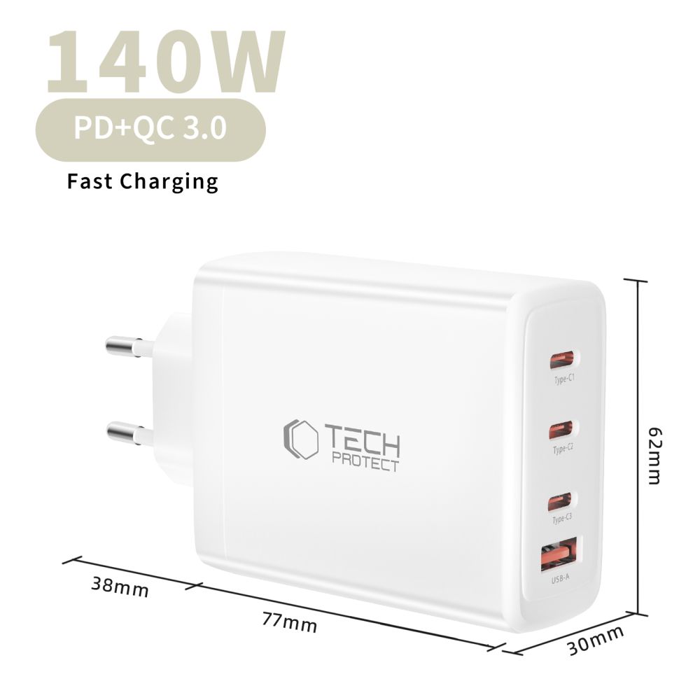 Tech-Protect Tech-Protect 140W Väggladdare PD QC3.0 USB-C/USB-A Vit