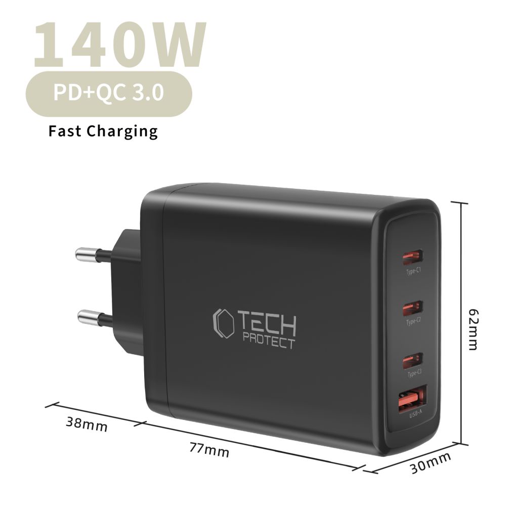 Tech-Protect Tech-Protect 140W Väggladdare PD QC3.0 USB-C/USB-A Svart