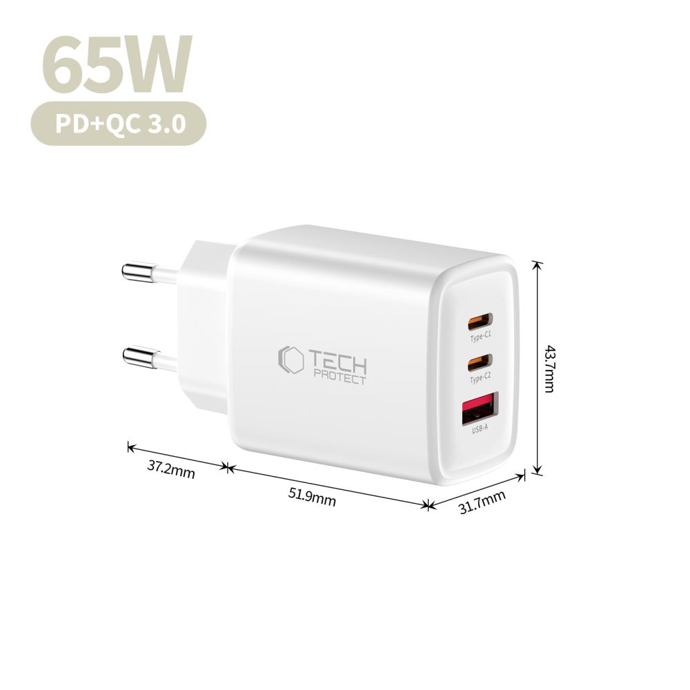 Tech-Protect Tech-Protect 65W Väggladdare PD QC3.0 USB-C / USB-A Vit