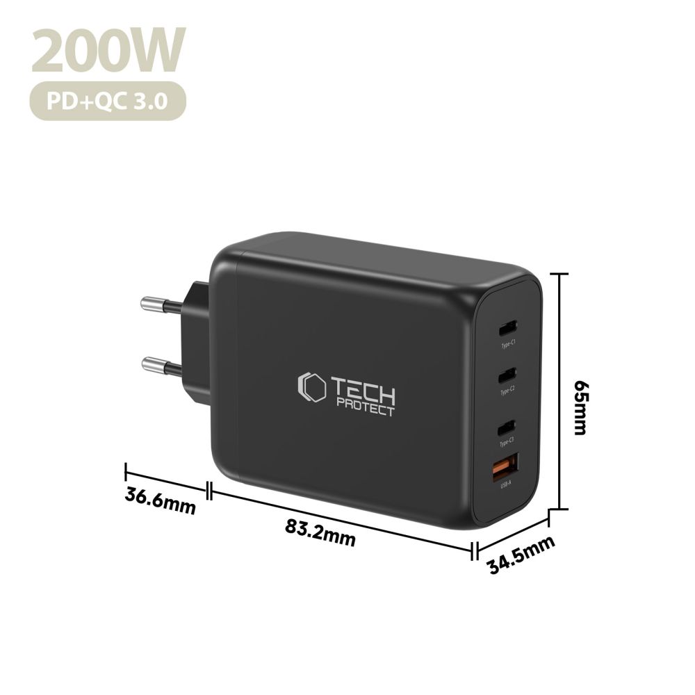 Tech-Protect Tech-Protect 200W Väggladdare PD QC3.0 USB-C / USB-A Svart