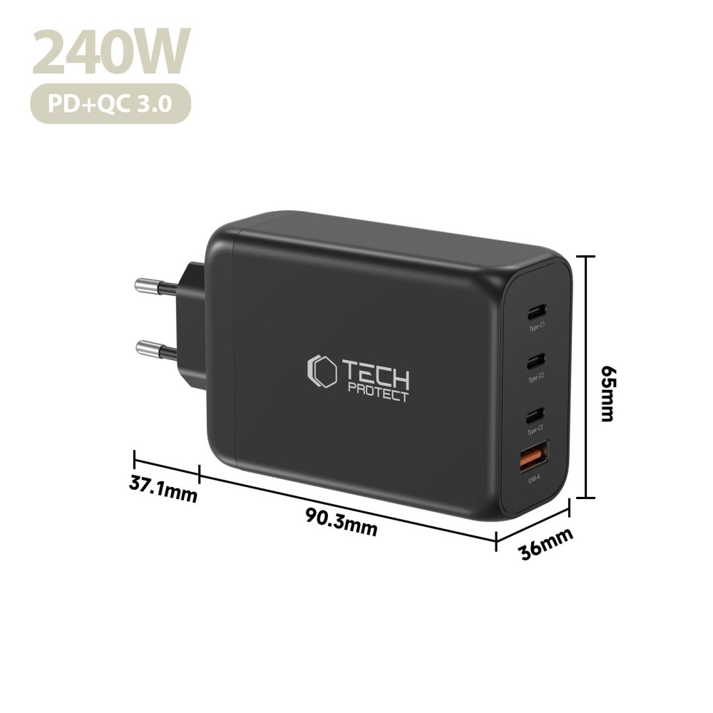 Tech-Protect Tech-Protect 240W Väggladdare PD QC3.0 USB-C / USB-A Svart