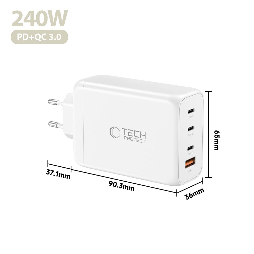 Tech-Protect Tech-Protect 240W Väggladdare PD QC3.0 USB-C / USB-A Vit