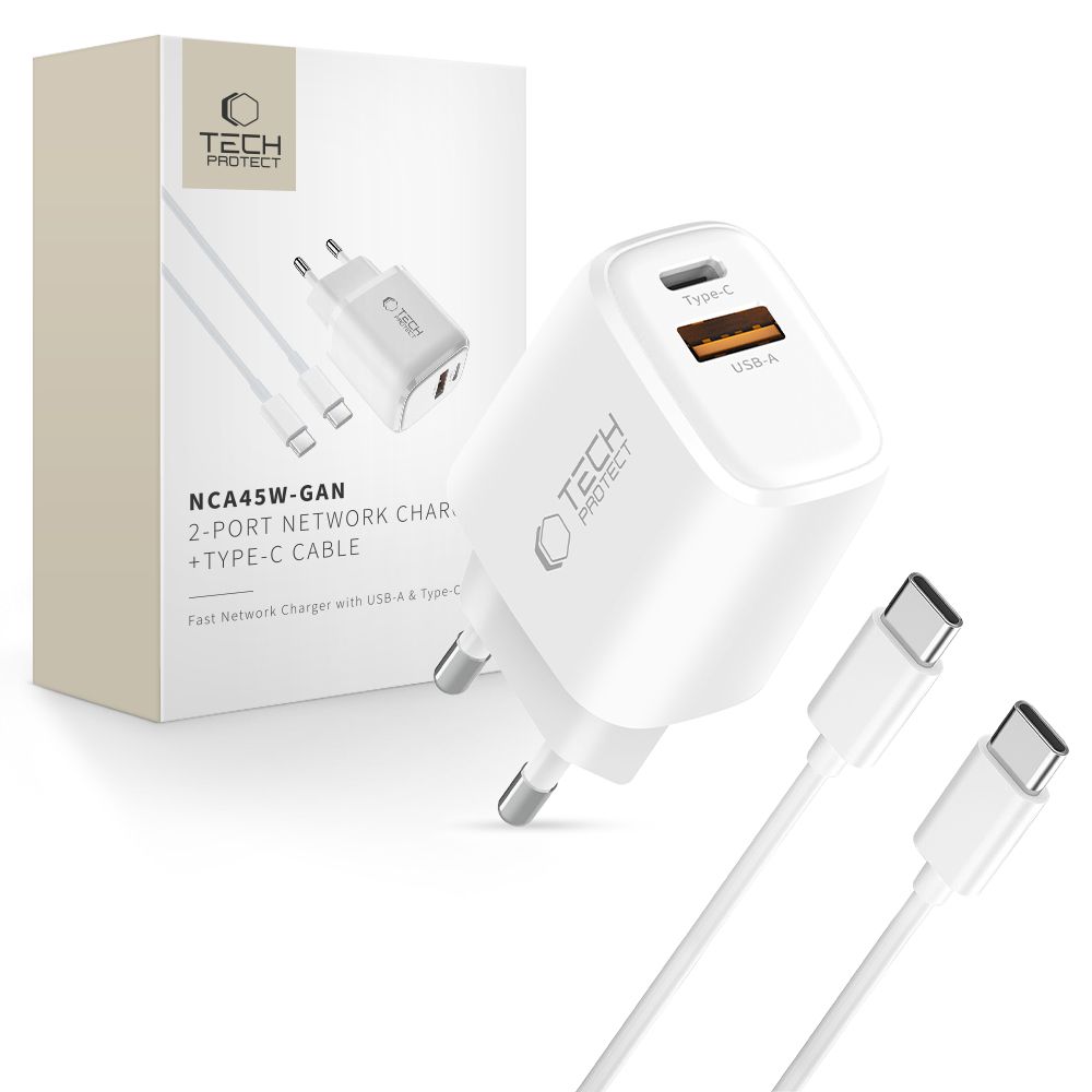 Tech-Protect Tech-Protect 45W Väggladdare PD QC3.0 Inkl USB-C Kabel Vit