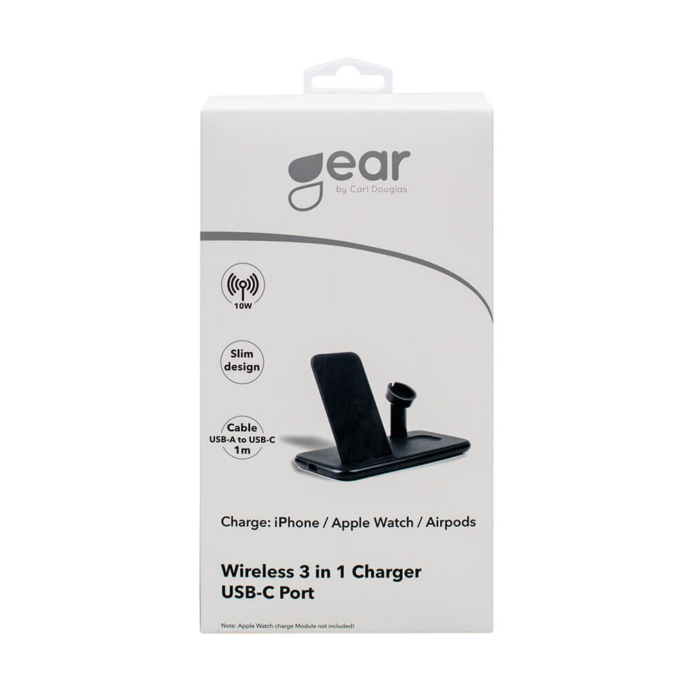 Gear GEAR 20W Trådlös Tripple Qi Laddare USB-C Mobil/Watch/Airpods Svart